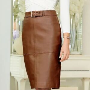 ANTONIO MELANI Luxury Cognac Brown Genuine Buttery Leather Pencil Skirt - Medium
